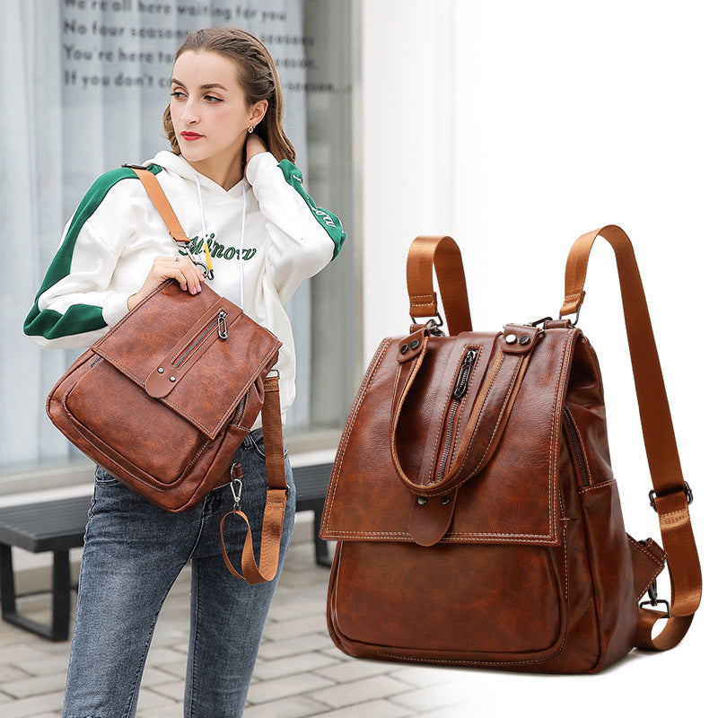 Multifunctional Backpack Textured Leather Cowhide Handbag New Fashion Cover Bag Women