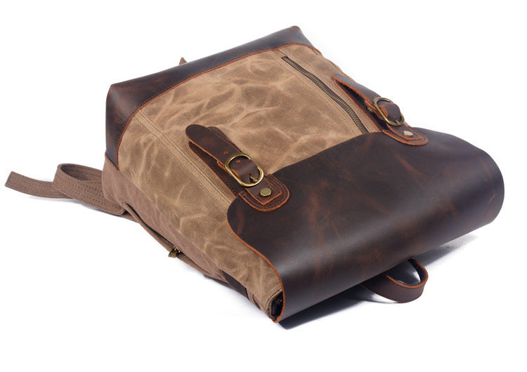 Retro Oil Wax Canvas Crazy Horse Leather Backpack Belt Buckle Waterproof Rucksack Bag Men