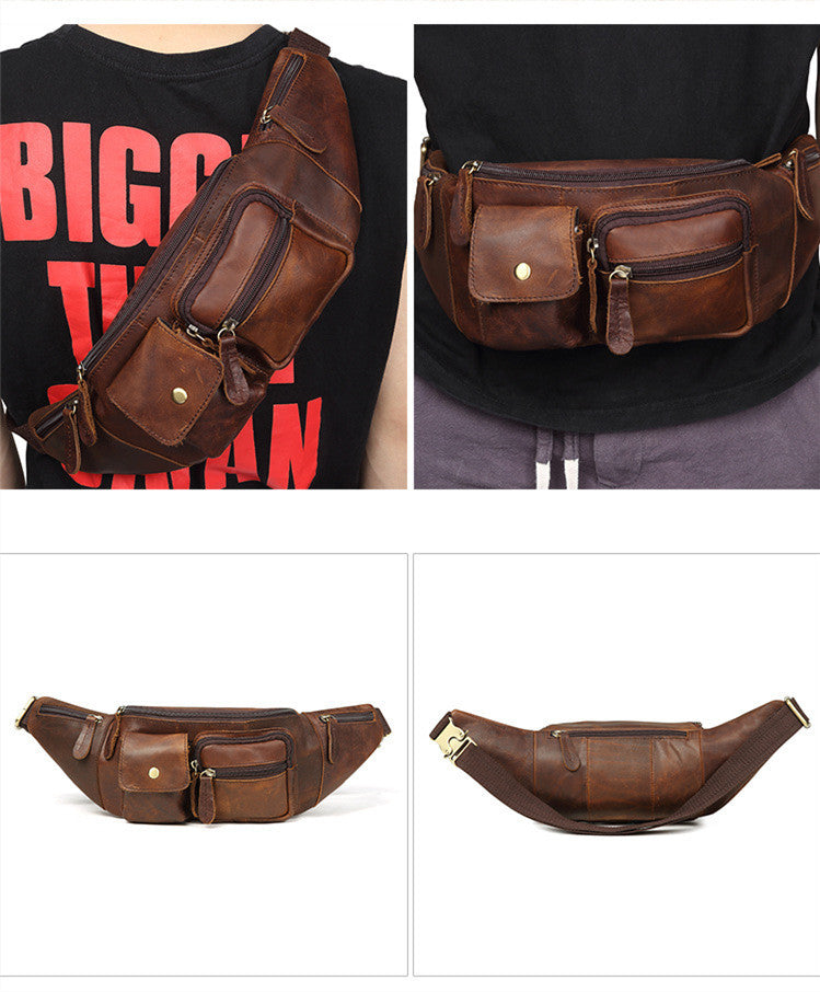 Men's Chest Bag Casual Fashion Leather Men's Bag Crazy Cow Leather Retro Crossbody Mobile Phone Waist Chest Bag