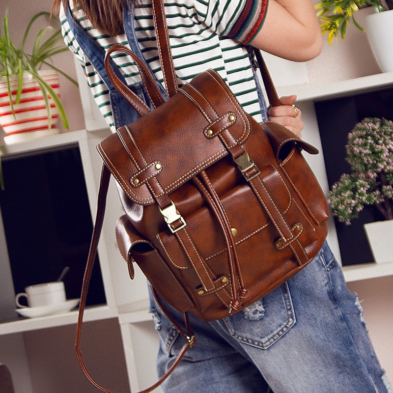 Vintage Leather Backpack Women Fashion Big Drawstring Backpack School Travel Bag