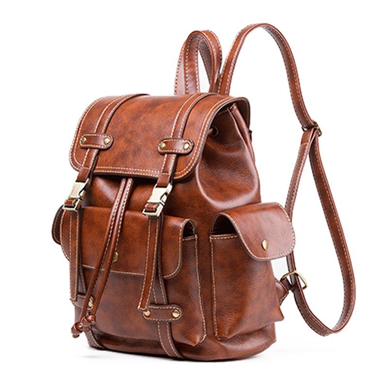 Vintage Leather Backpack Women Fashion Big Drawstring Backpack School Travel Bag