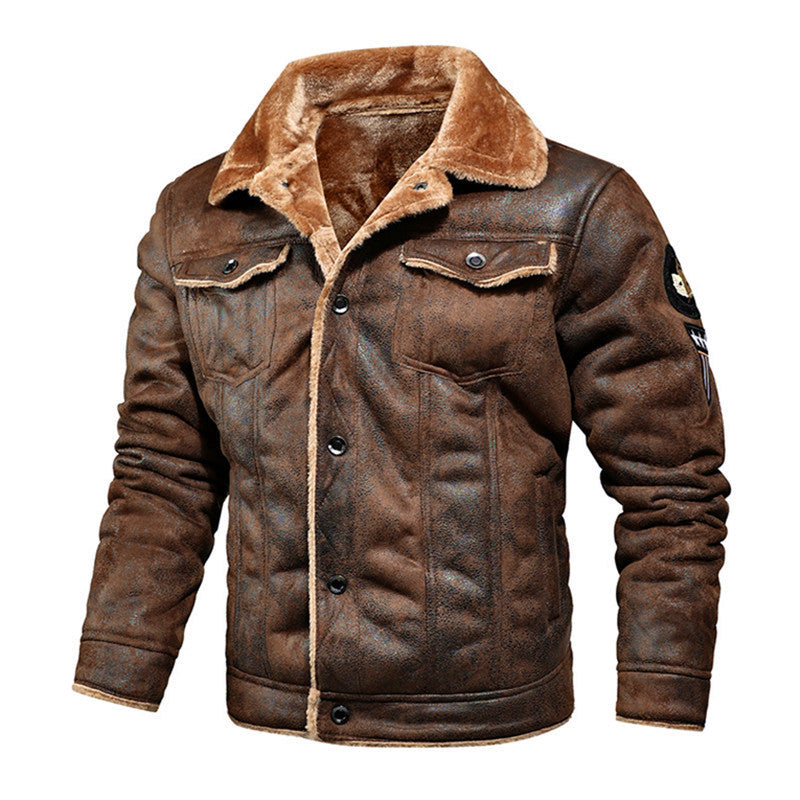 Leather men's plus cashmere motorcycle leather jacket